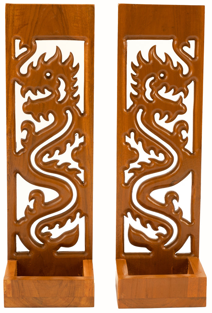 Candle Wall Sconce Holder Succulent Planter Pots Wall Hanging Chinese Dragon Carved Wood Wall Art Panel. Set of 2 Color Options Available