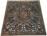 Elegant Wood Carved Wall Plaque. Wood Carved Floral Wall Art. Bali Home Decor. Asian Wood Carving Wall Art. Decorative Thai Wall Relief Panel Sculpture. 36"x36"x0.5" Available in Black Wash,Dark Brown and White