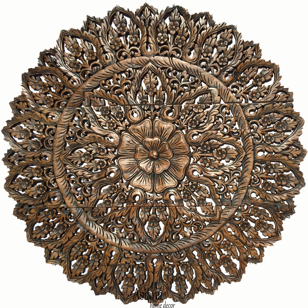 Elegant Wood Carved Wall Plaque. Large Round Unique Thai Wood Carving Floral Wall Decor Panel. Available Size 36" and 48" Color Options Available