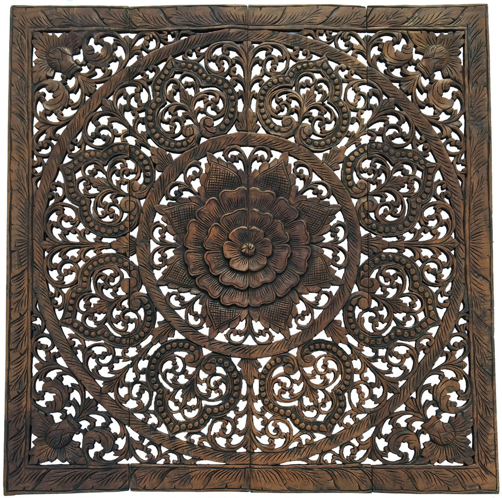 Elegant Wood Carved Wall Plaque. Wood Carved Floral Wall Art. Asian Home Decor Wall Art Panels. Baliness Home Decor. Available Size 36" and 48" Color Options Available
