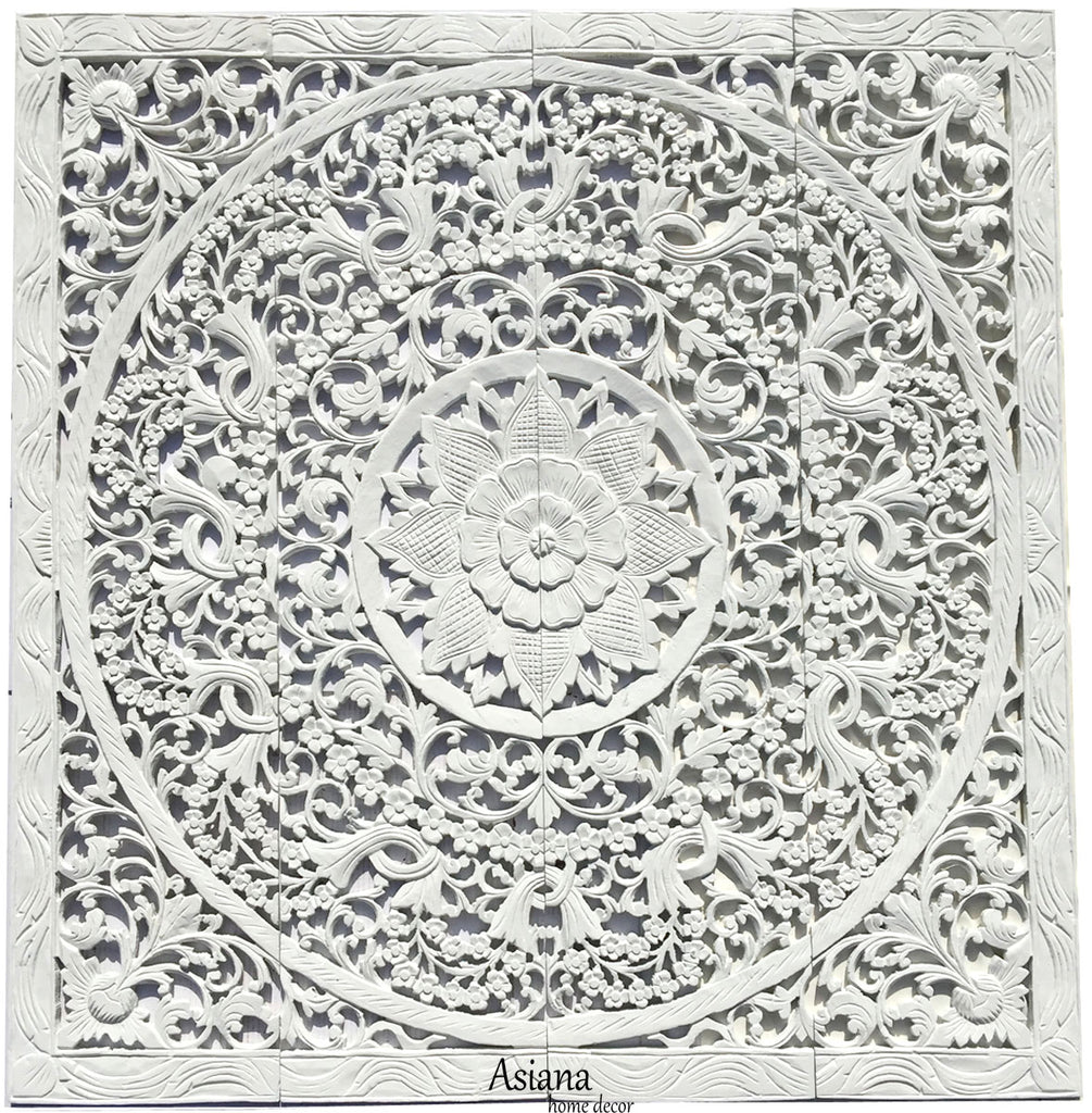 Elegant Wood Carved Wall Plaque. Wood Carved Floral Wall Art. Asian Home Decor Wall Art Panels. Bali Home Decor. 48" Color Options Available