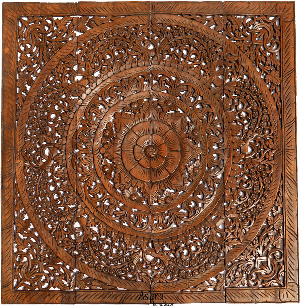 Elegant Wood Carved Wall Plaque. Asian Home Decor Wood Carved Floral Wall Art Panel. Size 48" and 60" Color Options Available
