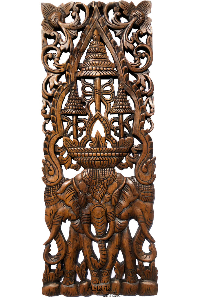 Elephants with Three-Tiered Umbrella Carved Wood Wall Art Decor. Brown Finish 35.5"x13.5" Extra Thick