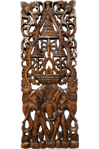 Elephants with Three-Tiered Umbrella Carved Wood Wall Art Decor. Brown Finish 35.5"x13.5" Extra Thick