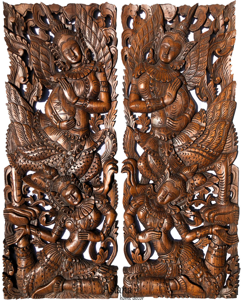 Thai Figure Carved Wood Wall Panels. Asian Home Decor. 35.5”x13.5”x1". Set of 2 pcs Color Options Available