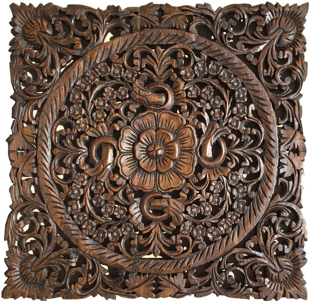 Asian Wood Wall Plaques. Wall Sculptures. Large Wood Wall Hangings. Floral Design. Rustic Wall Decor. 24" Square Color Options Available