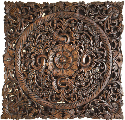 Asian Wood Wall Plaques. Wall Sculptures. Large Wood Wall Hangings. Floral Design. Rustic Wall Decor. 24" Square Color Options Available