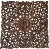 Oriental Hand Carved Wood Wall Plaques. Large Square Floral Wood Wall Hangings. Carved Wood Wall Decor. Carved Wood Wall Art. Decorative Thai Wall Relief Panel Sculpture. Dark Brown 24"x24"x0.5"