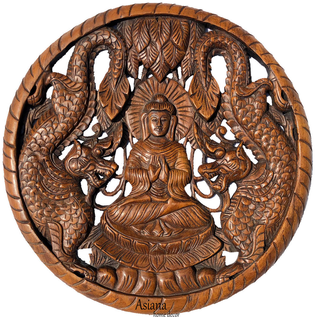 Round Buddha with Dragon Carved Wood Wall Art Decor. Brown Finish 24" Extra Thick
