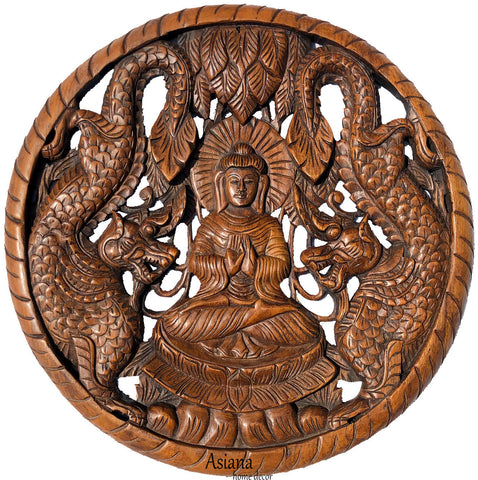 Round Buddha with Dragon Carved Wood Wall Art Decor. Brown Finish 24" Extra Thick