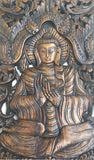 Large Carved Wood Panel. Buddha on Elephants Wood Wall Art Decor. Dark Brown Finish 35.5"x13.5" Extra Thick