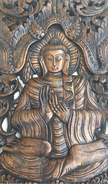 Large Carved Wood Panel. Buddha on Elephants Wood Wall Art Decor. Dark ...