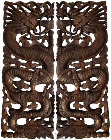 Wood Carved Dragon Wall Art Panels. Asian Chinese Home Decor. Decorative Wood Carving Sculpture. Dark Brown Finish 35.5”x13.5”x1". Set of 2 pcs