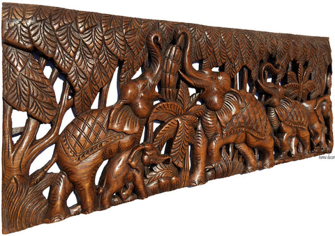 Elephant Family Wood Carved Wall Panel. Tropical Home Decor. Design Options 35.5"x13.5" Extra Thick