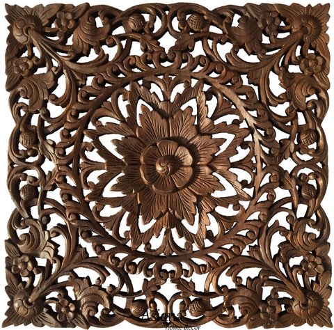 Oriental Floral Carved Teak Wood Wall Art Plaque. Square Rustic Home Decor. 24"x24"x1" Extra Thick Brown