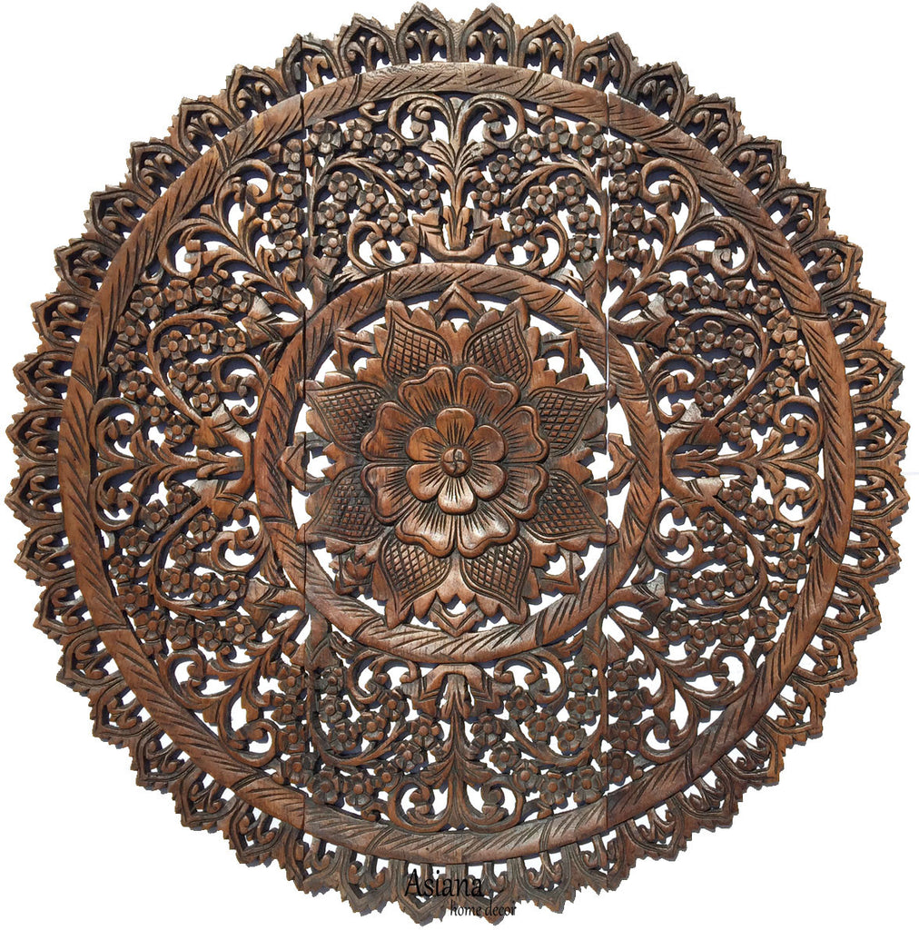Elegant Medallion Wood Carved Wall Plaque. Round Wood Carved Floral Rustic Home Decor Wall Art. Size 36" and 48" Color Options Available