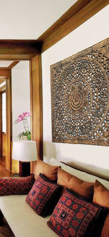 Elegant Wood Carved Wall Plaque. Wood Carved Floral Wall Art. Asian Home Decor Wall Art Panels. Bali Home Decor. 48" Color Options Available