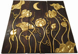 Asian Wood Carved Wall Art Panels. Lotus Flower and Moon Relief Wood Carved Wall Hanging. 36" Dark Brown and Gold