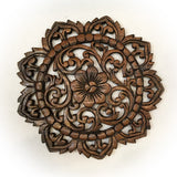 Round Wood Plaque. Oriental Carved Lotus.Teak Wood Wall Hanging. Rustic Wall Decor. Size 12"x12"x0.5" Available in Brown
