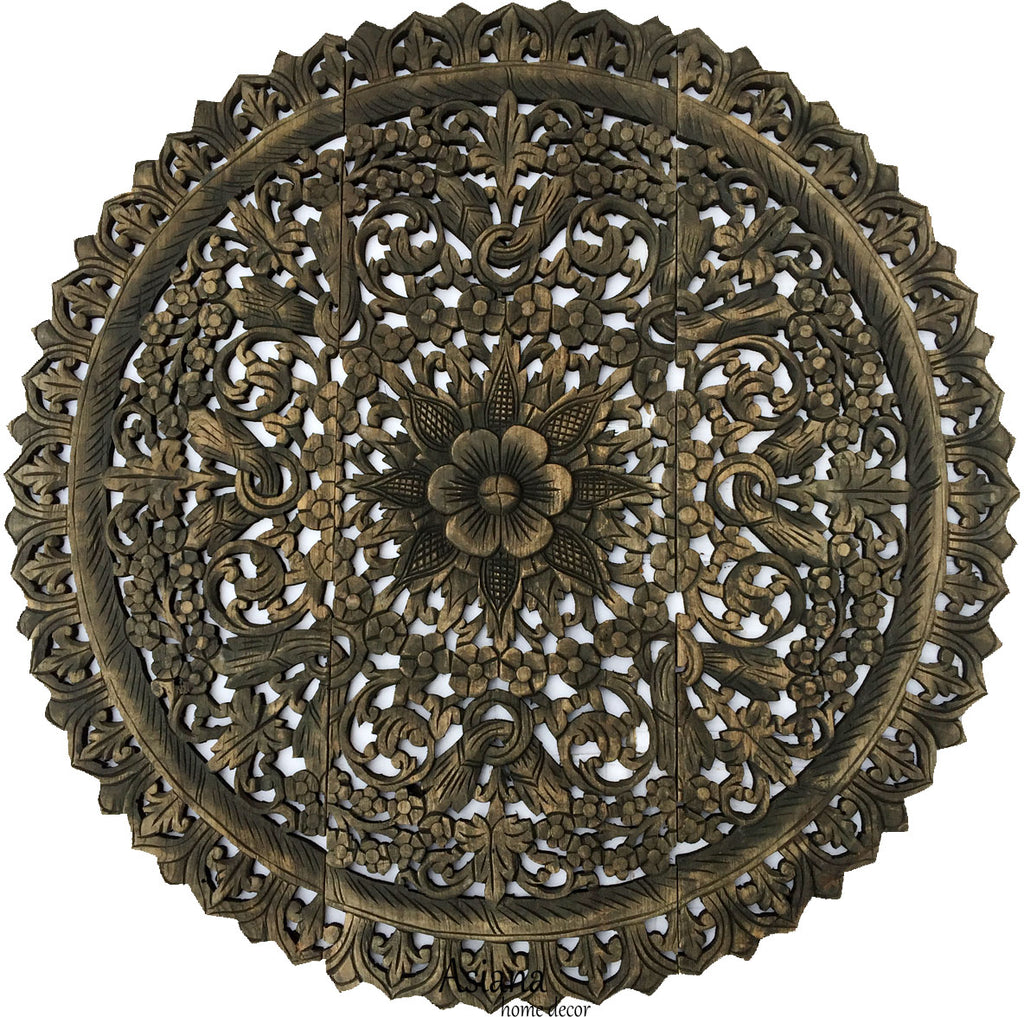 Elegant Medallion Wood Carved Wall Plaque. Floral Bali Rustic Home Decor Wall Art. Asian Home Decor Wall Panels Size 36" Color Options Available