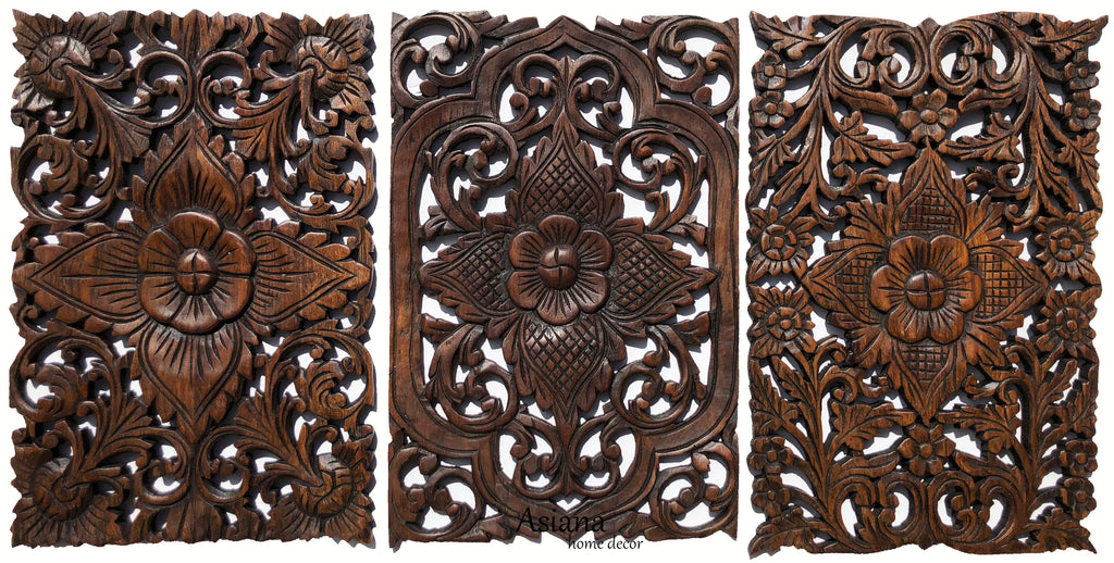 set of 3 floral carved wood panel set
