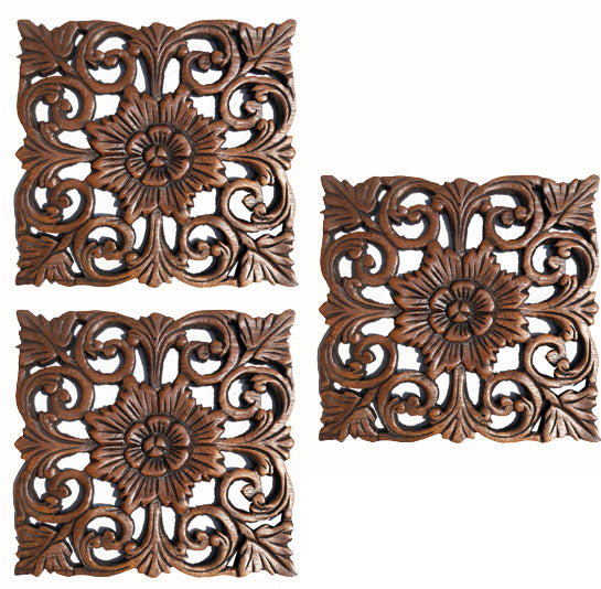 Wood Carved Wall Plaque. Decorative Wood Panels. Rustic Wood Wall Decor.  Dark Brown. Size 9.5 Set of 3 Design Options Available