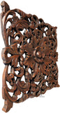 Tropical Floral Carved Wood Square Plaque. Dark Brown Finish Size 17.5"x17.5"x1"