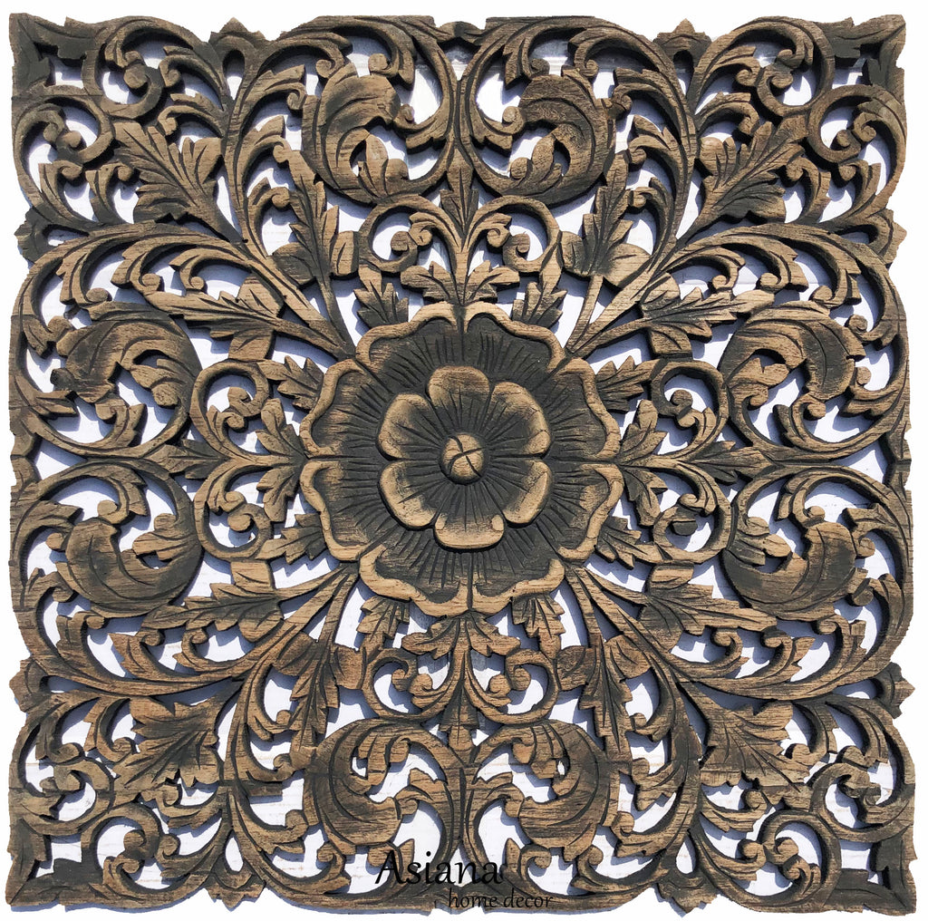 Oriental Home Decor. Rustic Floral Wood Carved Wall Hanging. 24" Available in Dark Brown, Black Wash