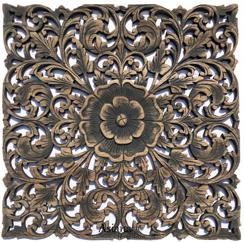 Oriental Home Decor. Rustic Floral Wood Carved Wall Hanging. 24" Available in Dark Brown, Black Wash