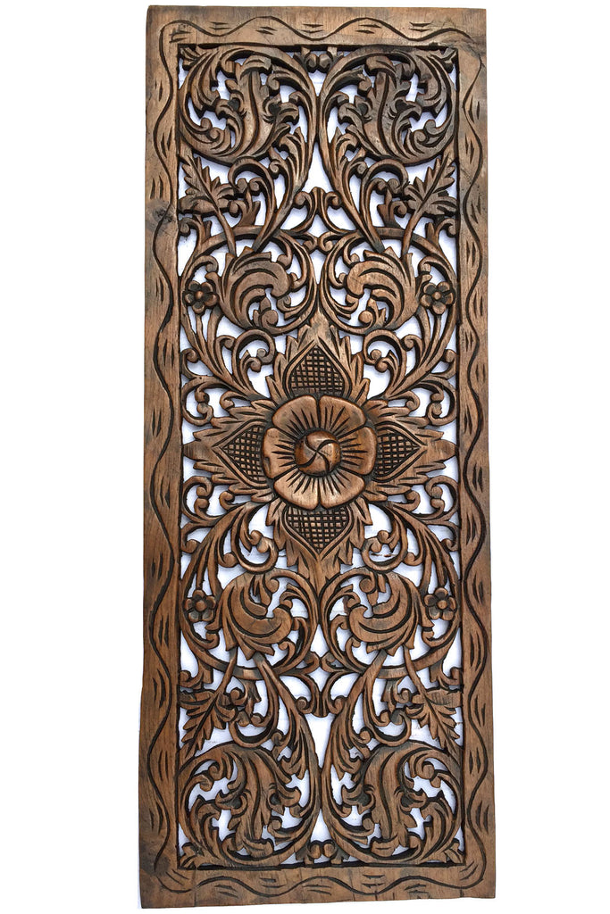 Floral Wood Carved Wall Panel. Decorative Thai Wall Relief Panel Sculpture. Size 35.5"x13.5"Available Color Options