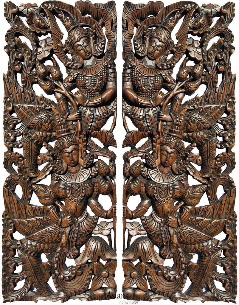 Thai Figure with Lotus Carved wood wall art panels. Large Carved Wood Panels. Asian Home Decor Wall Art. Brown Finish 35.5”x13.5”x1" Each, Set of 2 pcs