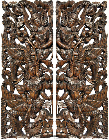 Thai Figure with Lotus Carved wood wall art panels. Large Carved Wood Panels. Asian Home Decor Wall Art. Brown Finish 35.5”x13.5”x1" Each, Set of 2 pcs