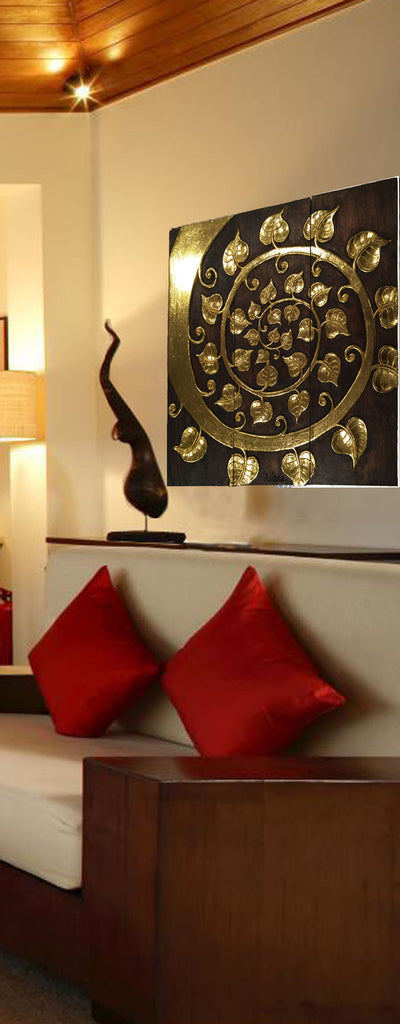 Asian Wood Wall Art Panels. Elegant Gold Sacred fig leaf Relief Wood Carved Wall Plaque. 36" Dark Brown and Gold