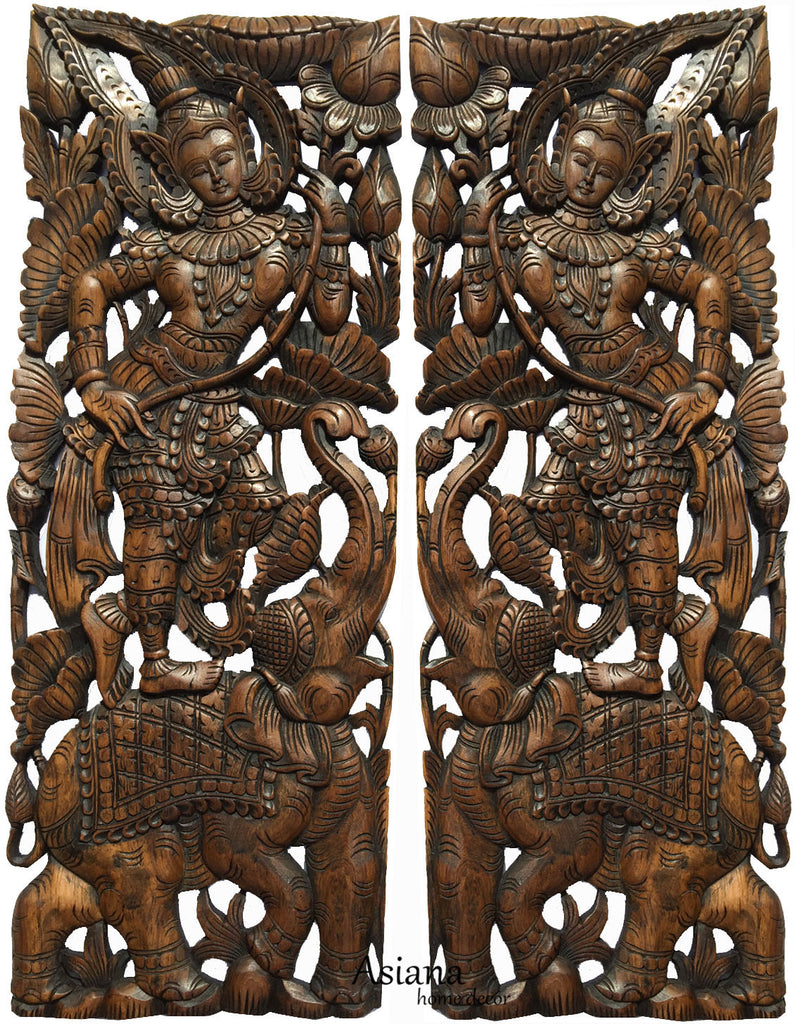 Thai Figure and Elephant Carved Wood Panels. Large Carved Wood Panels. Asian Home Decor Wall Art. Brown Finish 35.5”x13.5”x1" Each, Set of 2 pcs