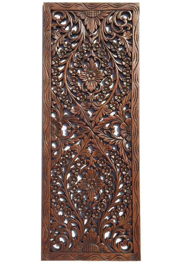 Floral Wood Carved Wall Panel. Wall Hanging. Asian Home Decor. Decorative Thai Wall Relief Panel Sculpture. Large Wood Wall Plaque 35.5"x13.5"x0.5" Color Options Available