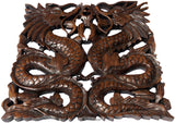 Chinese Dragon Wood Carving Wall Art Square Plaque. Dark Brown Finish. Size 17.5"Extra Thick