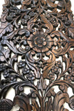Floral Wood Carved Wall Panel. Asian Home Decor Wall Hanging. Decorative headboard Relief Panel Sculpture. Dark Brown Finish 35.5"x13.5"x0.5"