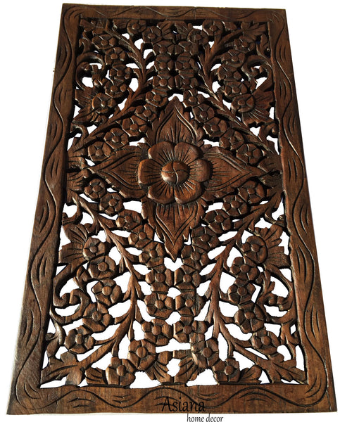 Asiana Home Decor Wood Carved Panel. Decorative Thai Wall Relief Panel Wood Wall Hanging in Dark Brown Finish Size 24"x13.5"x0.5" - 2