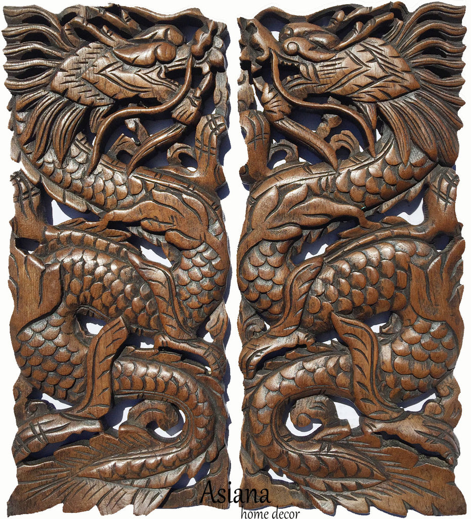 Chinese Dragon Wood Carved Wall Art Panels. Unique Asian Home Decor. 17.5”x7.5”x1" Each, Set of 2 pcs. Available Color Options