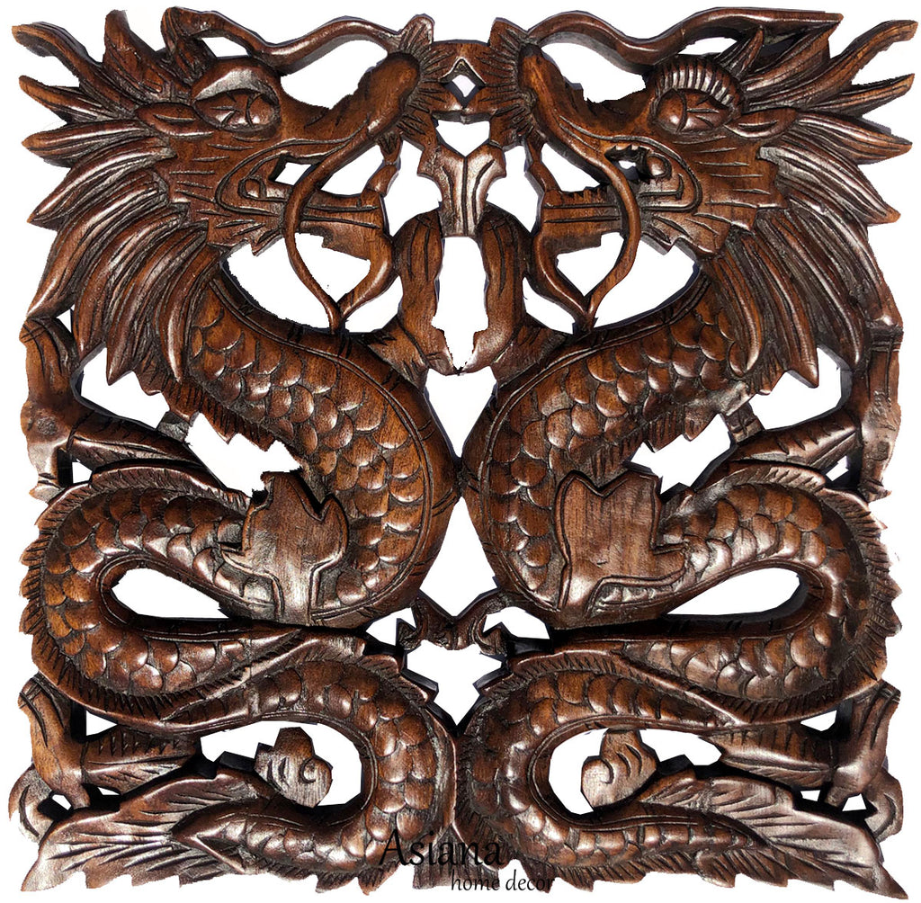 Chinese Dragon Wood Carving Wall Art Square Plaque. Dark Brown Finish. Size 17.5"Extra Thick