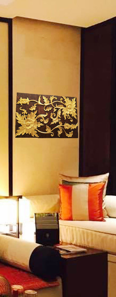 Asian Wood Wall Art Panel. Gold Flower Relief Wood Carved Wall Hanging. 24"x36" Dark Brown and Gold