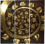 Asian Wood Wall Art Panels. Elegant Gold Sacred fig leaf Relief Wood Carved Wall Plaque. 36" Dark Brown and Gold