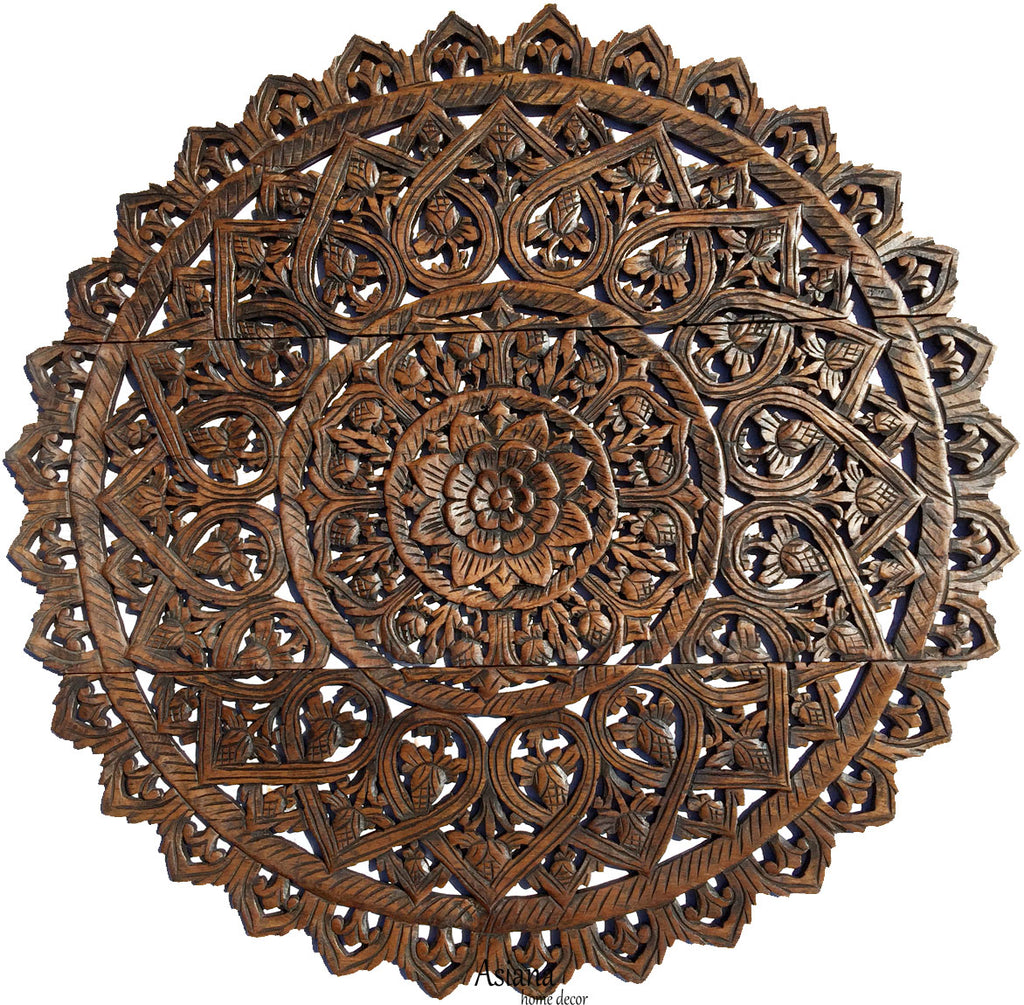 Elegant Medallion Wood Carved Wall Plaque. Large Round Lotus Wood Carving Wall Decor Panel. Available Size 36" and 48" Color Options Available