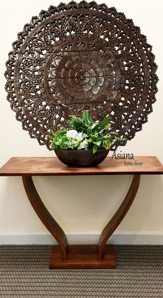 Elegant Medallion Lotus Wood Carved Wall Plaque. Asian Wall Art Home Decor. 36" Dark Brown