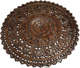 Elegant Medallion Lotus Wood Carved Wall Plaque. Asian Wall Art Home Decor. 36" Dark Brown