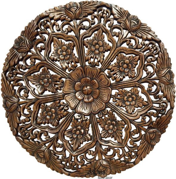 Oriental Round Carved Wood Wall Decor Lotus flower. Decorative Floral