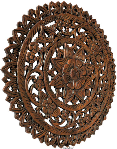 Oriental Tropical Flower Round Carved Wood Wall Decor. Rustic Home Decor. 24" Dark Brown