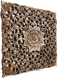 Lotus Flower Chain Rustic Square Carved Wood Wall Decor. Brown Finish, 17.5"