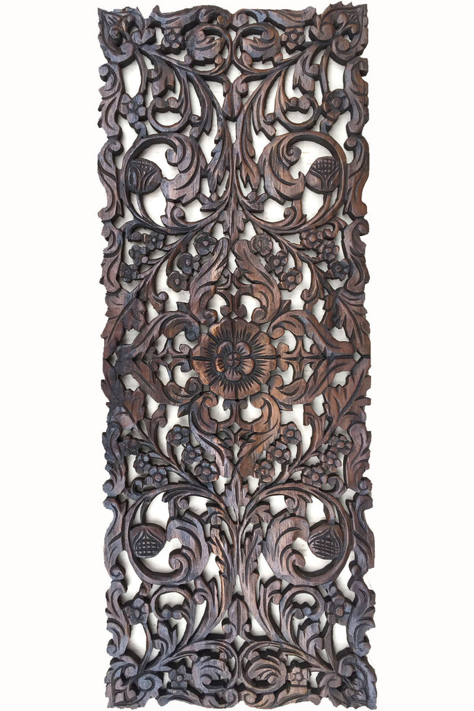 Floral Wood Carved Wall Panel. Asian Home Decor Wall Hanging. Decorative headboard Relief Panel Sculpture. Dark Brown Finish 35.5"x13.5"x0.5"