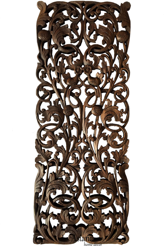 Floral Tropical Carved Wood Wall Art Panel. Rustic Home Decor. Teak Wood Headboard. 35.5"x13.5 Extra Thick Dark Brown